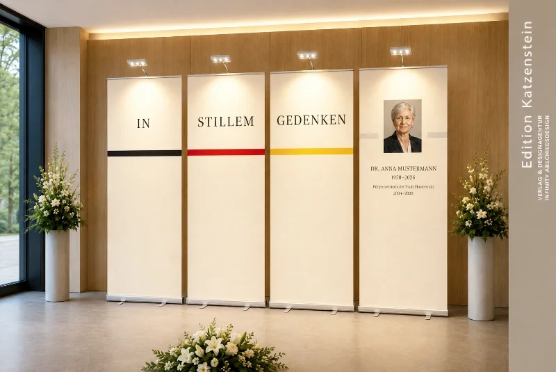 Ein vierteiliges elfenbeinfarbenes Roll-Up-Gedenkset wird in einem modernen Abschiedsraum von vier aufsteckbaren LED-Leuchten beleuchtet. Jedes Roll-Up besitzt eine eigene silberne Leuchte mit drei LED-Spots. Das warmweiße Licht hebt die Beschriftung „In stillem Gedenken“, die dezenten Streifen in Schwarz, Rot und Gold sowie die personalisierte Gedenkstele mit Porträt und Lebensdaten wirkungsvoll hervor.