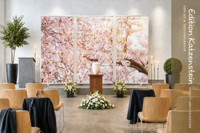 Urnenaufbahrung vor einem dreiteiligen Roll-Up Display mit Kirschblüten in einer modernen Trauerhalle