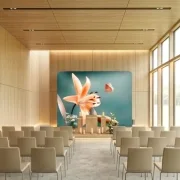 Trauerhalle im Überblick mit Sarg und Zipper-Wall dekoriert