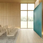 Trauerfeier in Trauerhalle mit moderner Dekoration mit Zipper-Wall - Bestatterbedarf
