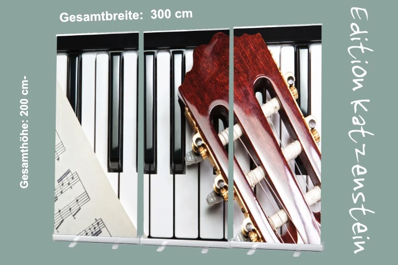 3-teiliges Roll-Up-Display mit farbigem Foto einer Gitarre und Klaviertasten in Nahaufnahme - Bestatterbedarf