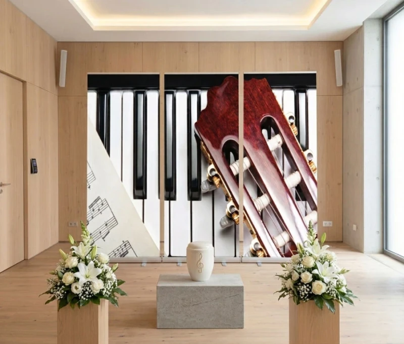 Roll-Up Displays als 3er Set als Dekoration in einer Friedhofshalle