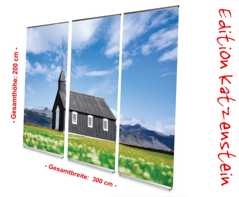 Bestatterbedarf: L-Banner Display 3er-Set "Holzkirche auf Island"