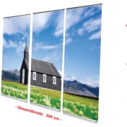 Bestatterbedarf: L-Banner Display 3er-Set "Holzkirche auf Island"