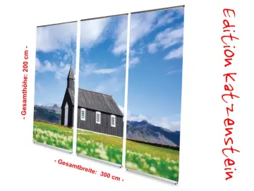 Bestatterbedarf: L-Banner Display 3er-Set "Holzkirche auf Island"