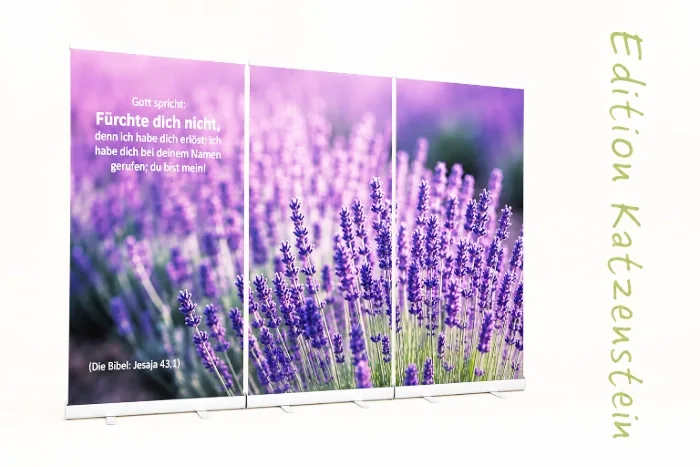 Bestatterbedarf - Großes RoRoll-Up Display 3er-Set mit Lavendelmotiv und Bibelvers „Fürchte dich nicht“ aus Jesaja 43,1 für Trauerhalle und Abschiedsraum