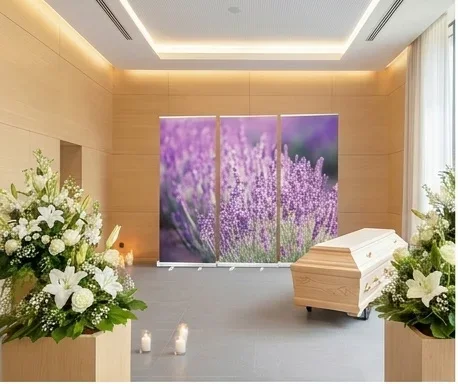 Moderne Trauerhalle mit hellem Holzsarg und mehrteiligem Lavendel Roll-Up Display als stilvolle Dekoration für Trauerfeiern