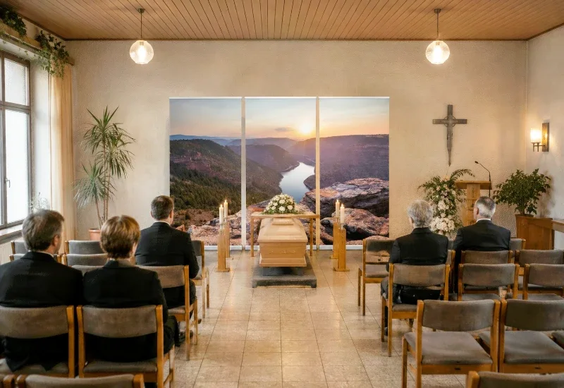 Dreiteiliges Roll-Up Display mit Bergsee im Abendlicht als Hintergrund hinter einem hellen Holzsarg während einer Trauerfeier in einer modernen Trauerhalle.