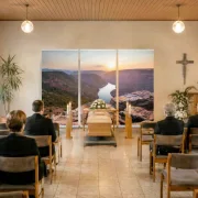 Dreiteiliges Roll-Up Display mit Bergsee im Abendlicht als Hintergrund hinter einem hellen Holzsarg während einer Trauerfeier in einer modernen Trauerhalle.