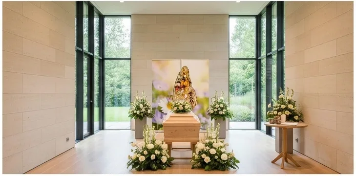Großes Roll-Up Display mit farbigem Schmetterling auf Margerite als stilvolle Dekoration für Abschiedsräume