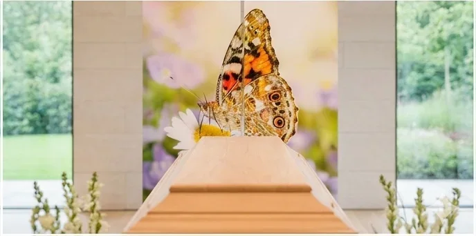 Blick über einen hellen Holzsarg auf ein dekoratives Roll-Up Display mit Schmetterling in einer modernen Trauerhalle