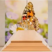Blick über einen hellen Holzsarg auf ein dekoratives Roll-Up Display mit Schmetterling in einer modernen Trauerhalle