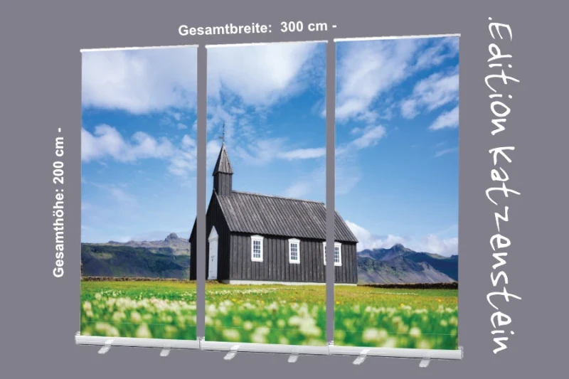 Bestatterbedarf: Roll-Up Display 3er-Set "Holzkirche auf Island" zur Dekoration