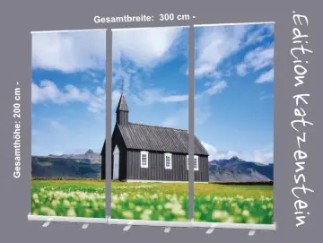 Bestatterbedarf: Roll-Up Display 3er-Set "Holzkirche auf Island" zur Dekoration