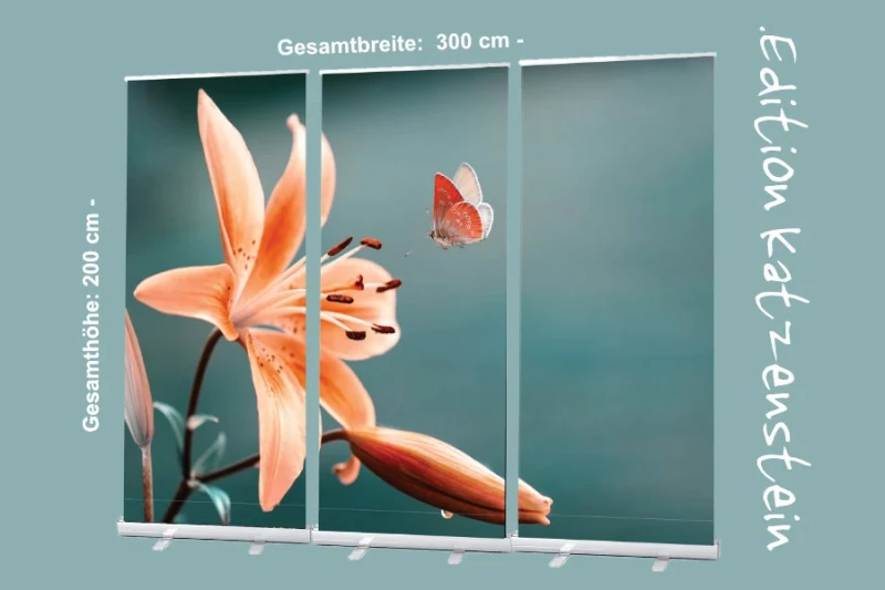 Bestatterbedarf: Roll-Up Display 3er-Set "Lilie und Schmetterling" zur Dekoration