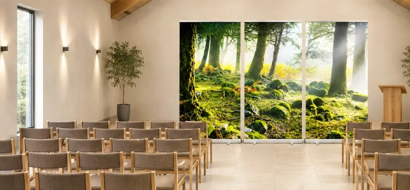 Dreiteiliges Roll-Up Display mit Mooswald-Panorama als Hintergrundgestaltung einer modernen Trauerhalle mit Bestuhlung und Rednerpult. - Infinty