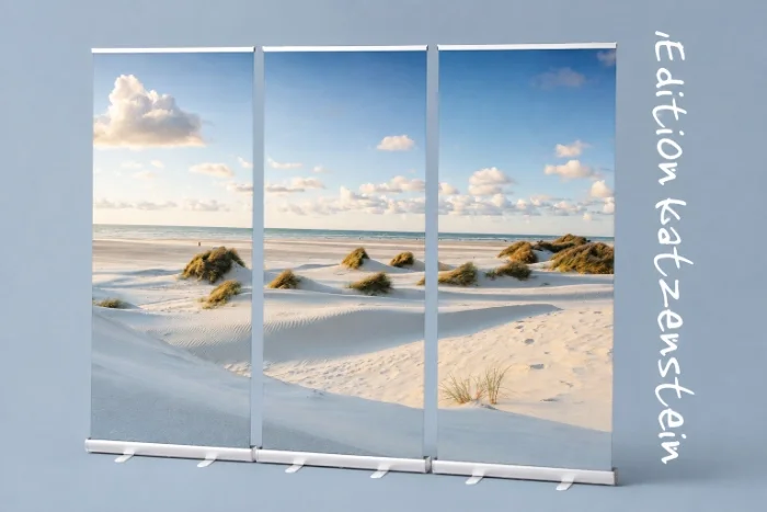 Dreiteiliges Roll-Up Display mit heller Nordseedünen-Landschaft, Dünengras, Strand und weitem Himmel für Trauerhallen und Abschiedsräume.