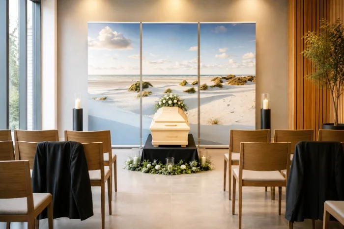 Dreiteiliges Roll-Up Display mit Nordseedünen-Motiv hinter einem hellen Holzsarg in einer modernen deutschen Trauerhalle mit zwei Kerzenleuchten, dezentem Blumenschmuck und Reihen aus Holzstühlen.