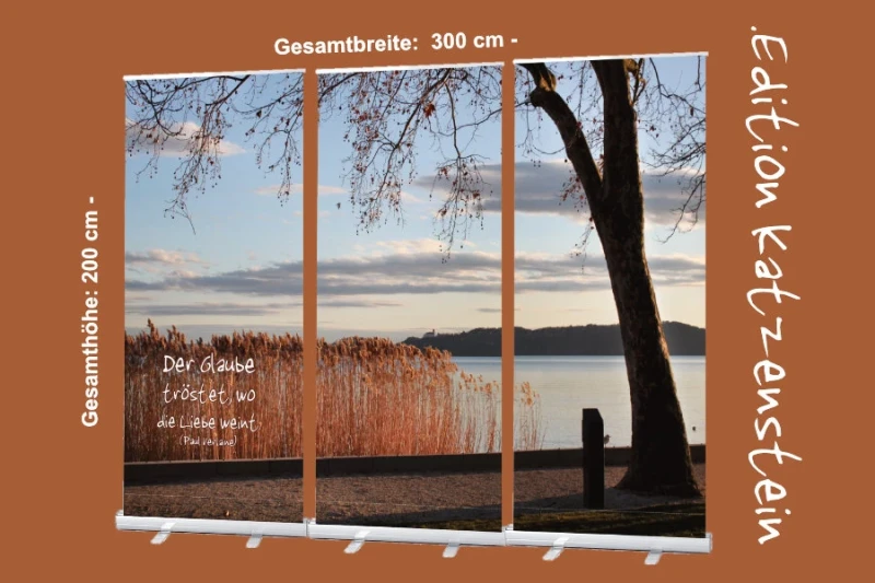 3er-Set Roll-Up Displays mit Abendstimmung am Plattensee und Zitat von Paul Verlaine – christliche Trauerdekoration für Bestatterbedarf (300 x 200 cm)
