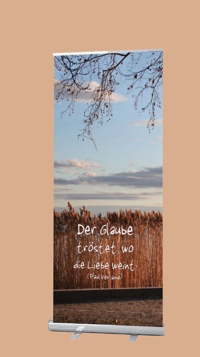 2er-Set Roll-Up Displays mit Abendstimmung am Plattensee als christliche Trauerdekoration für Bestatterbedarf (200 x 200 cm)