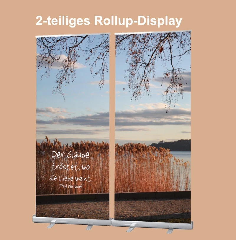 2er-Set Roll-Up Displays mit Abendstimmung am Plattensee als christliche Trauerdekoration für Bestatterbedarf (200 x 200 cm)