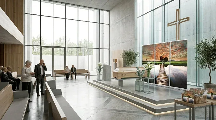 Moderne Trauerhalle mit Dekoration von Edition Katzenstein, Infinity - Bestatterbedarf