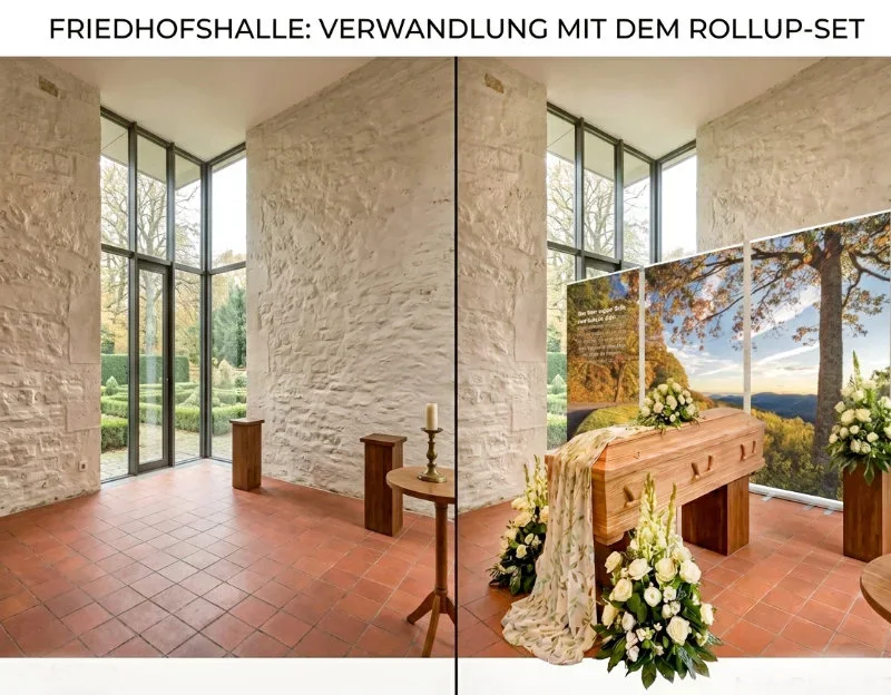 Friedhofshalle - Trauerhalle - Rollup-Set als Dekoration hinter Sarg