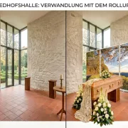 Friedhofshalle - Trauerhalle - Rollup-Set als Dekoration hinter Sarg