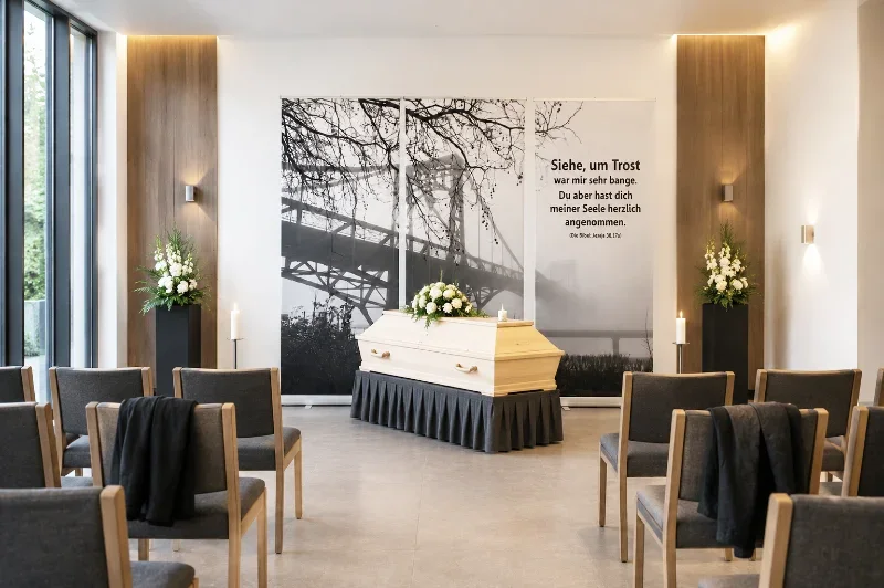 Roll-Up Display 3er-Set „Siehe, um Trost war mir sehr bange“ in einer modernen deutschen Trauerhalle mit hellem Sarg und dezentem Blumenschmuck - Infinity Abschiedsdesign