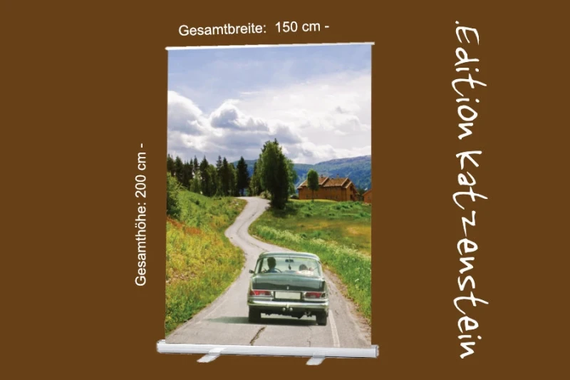 Bestatterbedarf: Roll-Up-Display: Oldtimer auf großer Reise