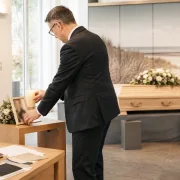 Bestatter richtet Kerze und Erinnerungsfoto für eine persönliche Trauerfeier in einer modernen Trauerhalle aus