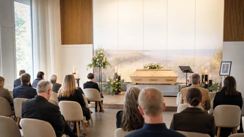 Angehörige und Trauergäste bei einer würdevollen Trauerfeier in einer einfühlsam gestalteten Trauerhalle