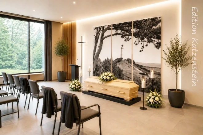 Seitliche Ansicht einer modernen deutschen Trauerhalle mit dreiteiligem Roll-Up Display „Leuchtturm“, hellem Holzsarg, dezentem Blumenschmuck und vorbereiteten Sitzreihen.