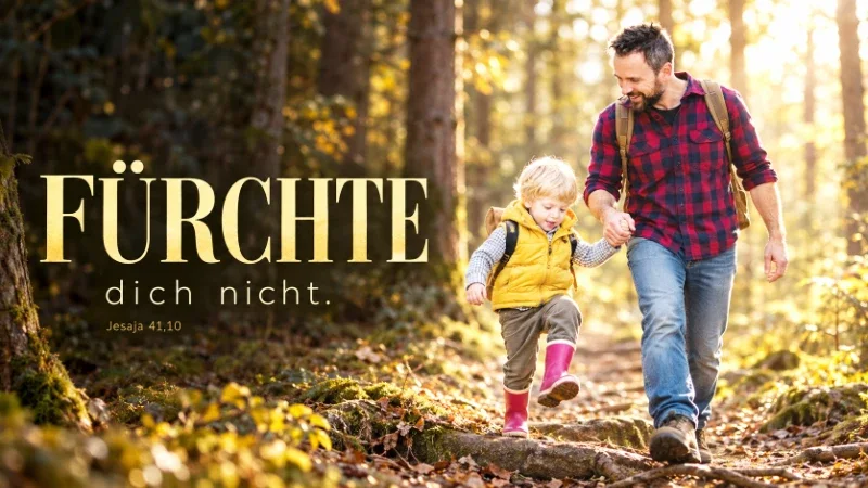 Vater und Sohn gehen Hand in Hand über eine Wurzel im Wald; groß im Bild steht „Fürchte“.