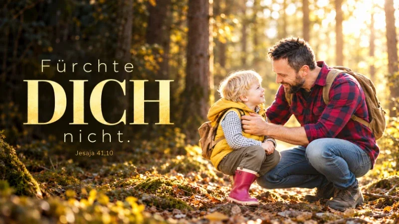 Sicherheit schenktEin Vater kniet vor seinem Sohn mit himbeerroten Gummistiefeln und sieht ihn ermutigend an; groß im Bild steht „Dich“.