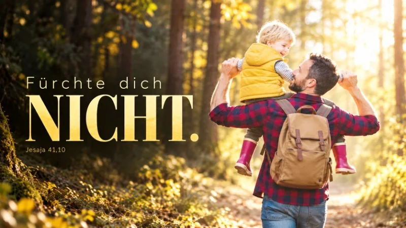 Ein Vater trägt seinen Sohn mit himbeerroten Gummistiefeln auf den Schultern durch den Wald; groß im Bild steht „Nicht“. - Jahreslosung 2027