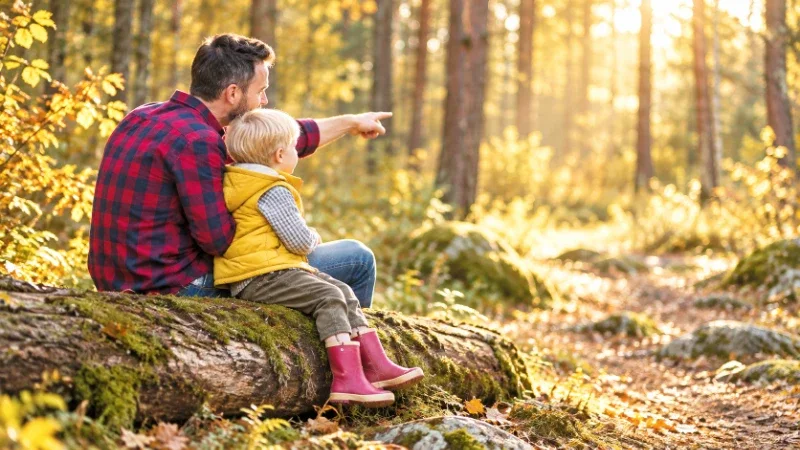 Vater und Sohn sitzen auf einem Baumstamm; der Vater zeigt auf einen hellen Weg durch den Wald.