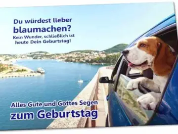 Christliche Geburtstagskarte: Beagle schaut aus Autofenster