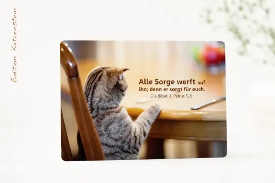 Christliche Postkarte „Katze am Esstisch“