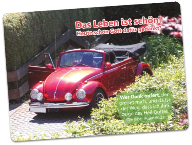 Christliche Postkarte: Rotes VW Käfer Cabrio