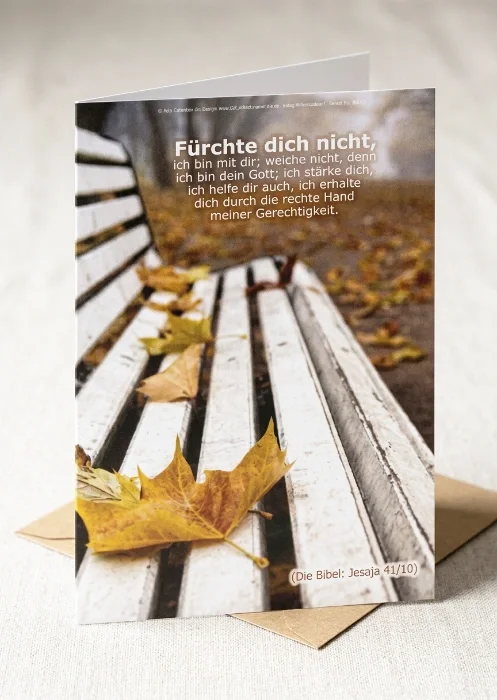 Christliche Trauerkarte – Leere Parkbank - Kondoolenzkarte Leere Parkbank in herbstlicher Landschaft – christliche Trauerkarte