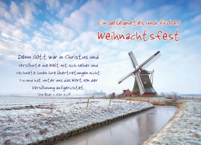 Christliche Weihnachtskarte: Windmühle in Winterlandschaft- Postkarte