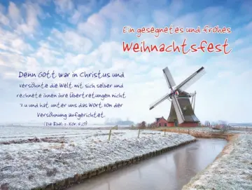 Christliche Weihnachtskarte: Windmühle in Winterlandschaft- Postkarte