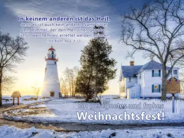 Christliche Weihnachtskarte:Leuchtturm neben alter Villa - Postkarte