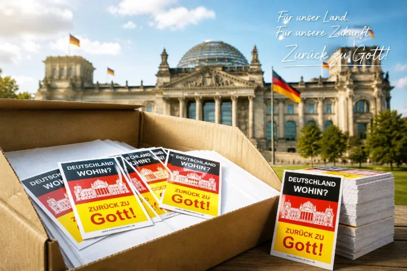 Ein Karton voll mit Aufkleber der Aktion von Edition Katzenstein, zurück zu Gott