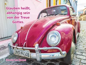 Christliches Poster A1: Himbeerfarbener VW-Käfer am Straßenrand