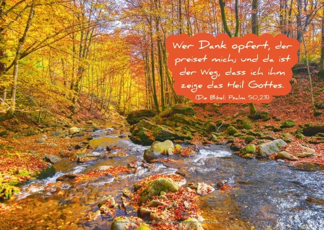Foto eines herbstlichen Bachs im Wald mit buntem Laub und Bibelvers Psalm 50,23 als Schriftzug in einer herbstlichen Wolke.