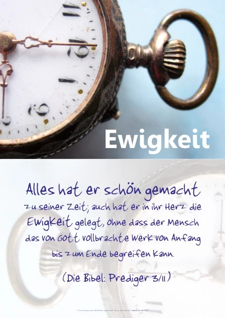 Nostalgische Taschenuhr mit warmem Licht als Motiv auf christlichem Poster mit Bibelvers Prediger 3,11 über Zeit und Ewigkeit