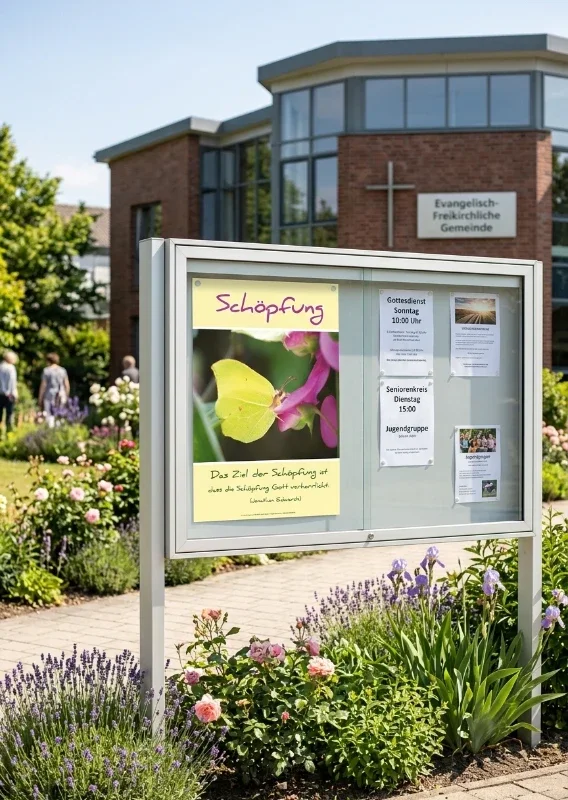 Christliches DIN A2 Poster Schöpfung mit Zitronenfalter in einem modernen Gemeindeschaukasten vor einer Freikirche