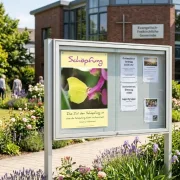 Christliches DIN A2 Poster Schöpfung mit Zitronenfalter in einem modernen Gemeindeschaukasten vor einer Freikirche